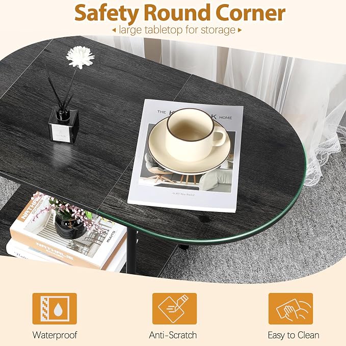 Small Coffee Table,35.4'' Oval Coffee Table with Storage Shelf & Metal Frame,Low Cocktail Tea Accent Table for Apartment,Modern Mid Century Small Living Room Table,Dark Gray