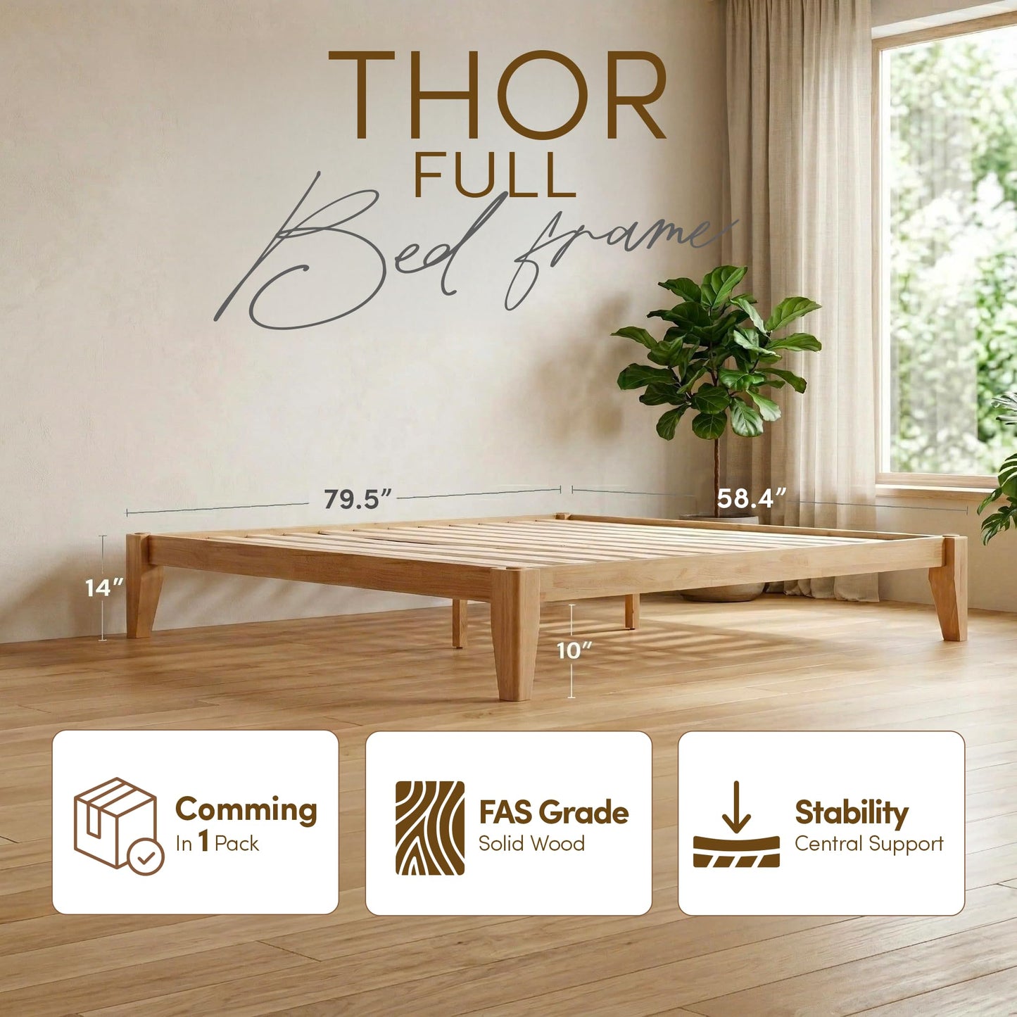 AllForWood Thor Premium Solid Wood Bed Frame Full, Japanese Joinery Bed Frame with Wood Slat Support, Platform Bed, No Box Spring Needed, Easy Assembly, Minimalist & Modern Style (Light Brown)