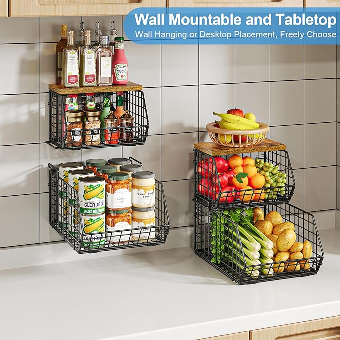 Stackable Fruit Basket for Kitchen Counter, 2 Tier Wire Baskets with Wooden Lid Top, Vegetable Storage Organizer Bins, Wall Mountable Pantry Baskets for Produce, Onion, Potato, Black