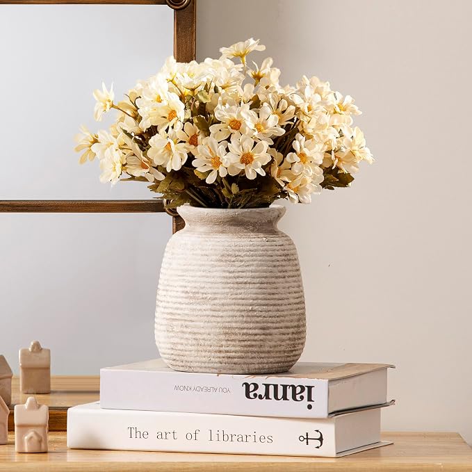 Ceramic Flower Vase, Small Vase Rustic Farmhouse Vases Home Decor Short Pottery Decorative Pampas Vase for Table Living Room Entryway Mantel Bookshelf Bedroom Bathroom Kitchen - 6" D