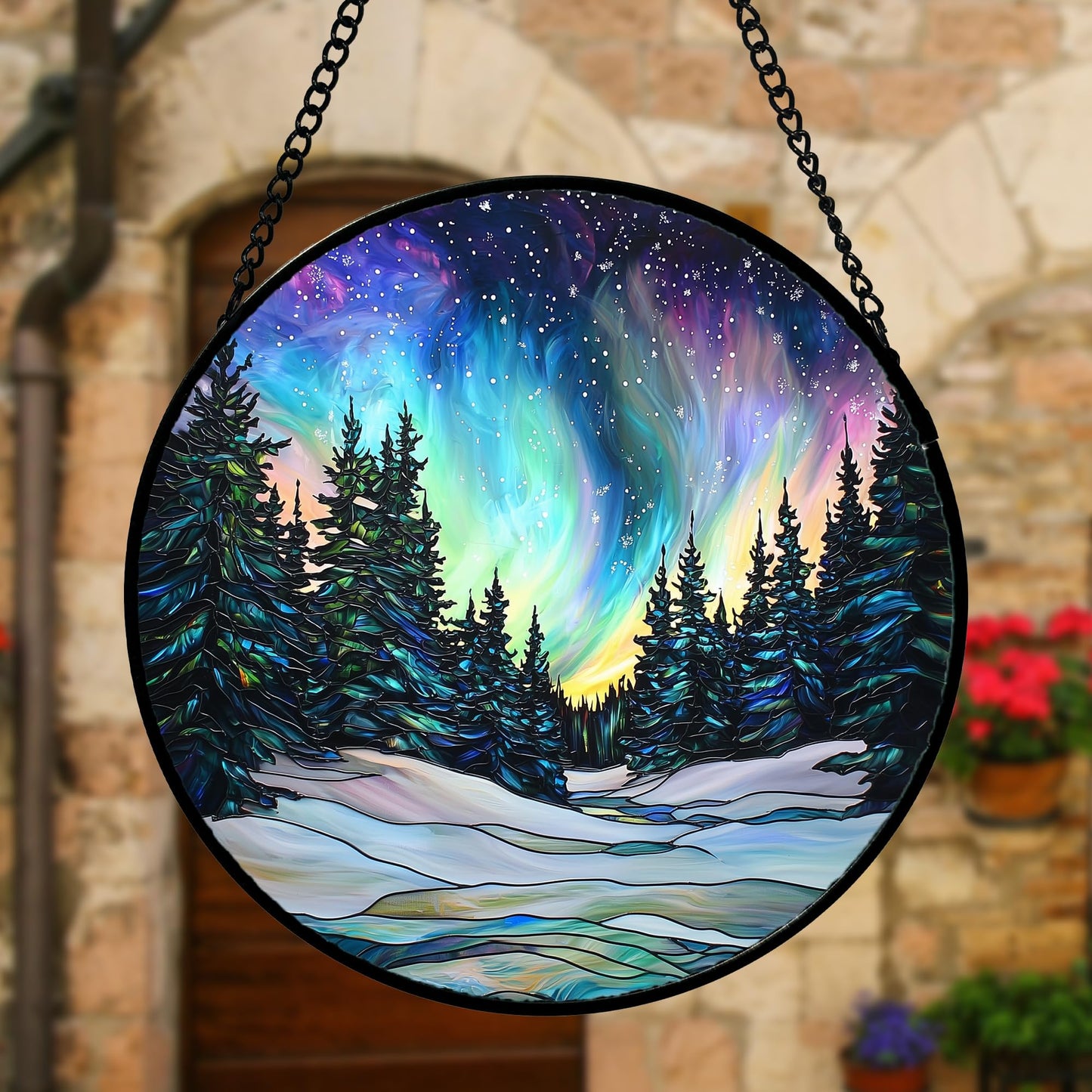 DASTOLL Stained Glass Window Hanging, Aurora Landscape Sun Catchers Glass Panel Green Trees Suncatcher Decor for Birthday for Women, Men, Wife, Aunt, and Mom 7.8 in