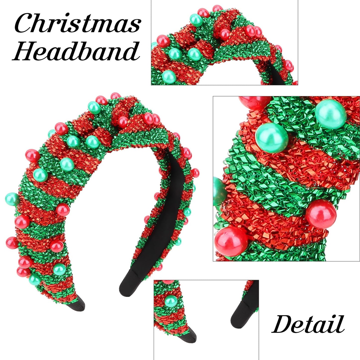 Jaciya Christmas Headband with Red Green Pearl Glitter Festive Knotted Headband for Women Girls Holiday Party Headpiece