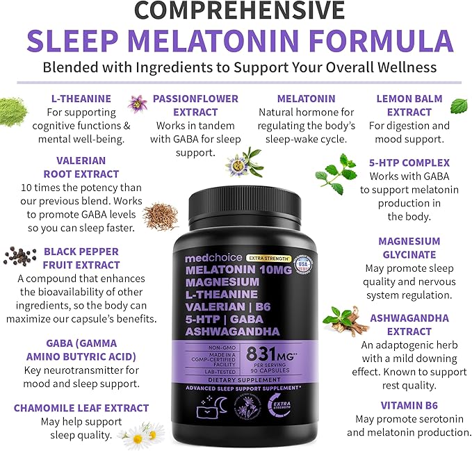 12-in-1 Melatonin Sleep Capsules - 10mg Melatonin Extra Strength with Magnesium and Balanced Blend of Ashwagandha, GABA, Chamomile Extract, L-Theanine & Valerian Root 10:1 Extract (90ct)