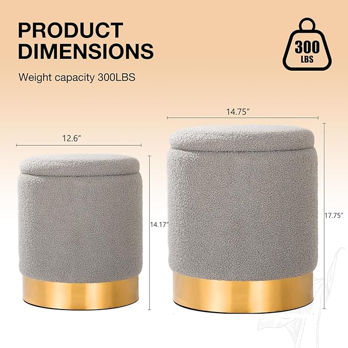 YYW HOME Sherpa Round Ottoman Set of 2 with Storage, 12 Gallon Hidden Storage Ottoman, Multi-Functional Footrest Stool, Vanity Seat, Coffee Table, No Assembly Required, Holds 300lbs (Gray)
