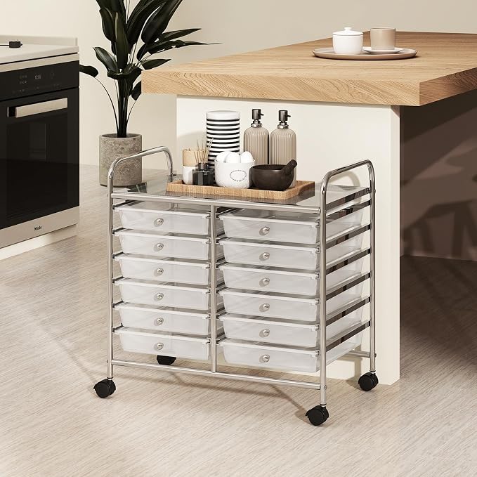 COSTWAY 12-Drawer Rolling Storage Cart, Utility Storage Organizer Cart for Tools, Scrapbook, Paper, Craft, Multipurpose Art Supply Organizer on Wheels for Home Office School, Teacher, Clear