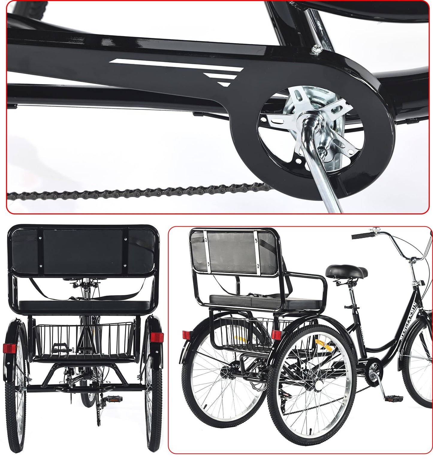 VHCLYBJU Adult Tricycle Foldable with Child seat 3 Wheel Bicycle for Ladies Tricycle with Basket with Back seat 20/24in Bikes Maximum Load 550lbs Shock Absorbing Fork Adult-Unisex (24in-7speed-black)