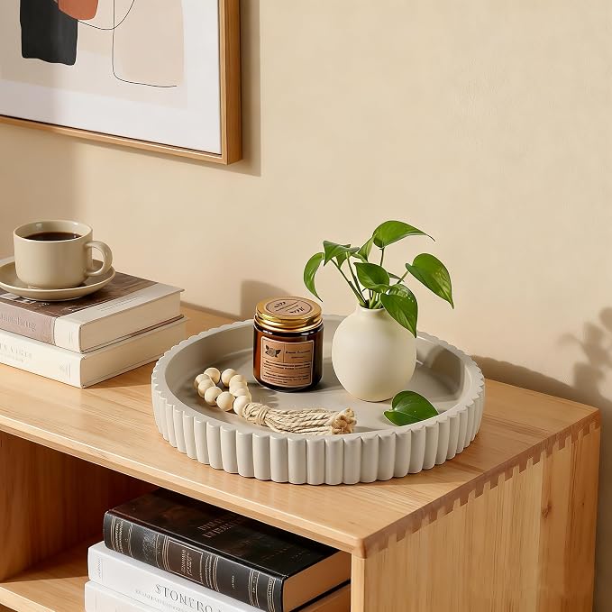 Round Decorative Trays & Coffee Table Tray, 11 Inch Fluted Coffee Table Centerpiece Decor, No Slip Modern Circle Concrete Organizer for Living Room, Console, Kitchen Island, Dresser