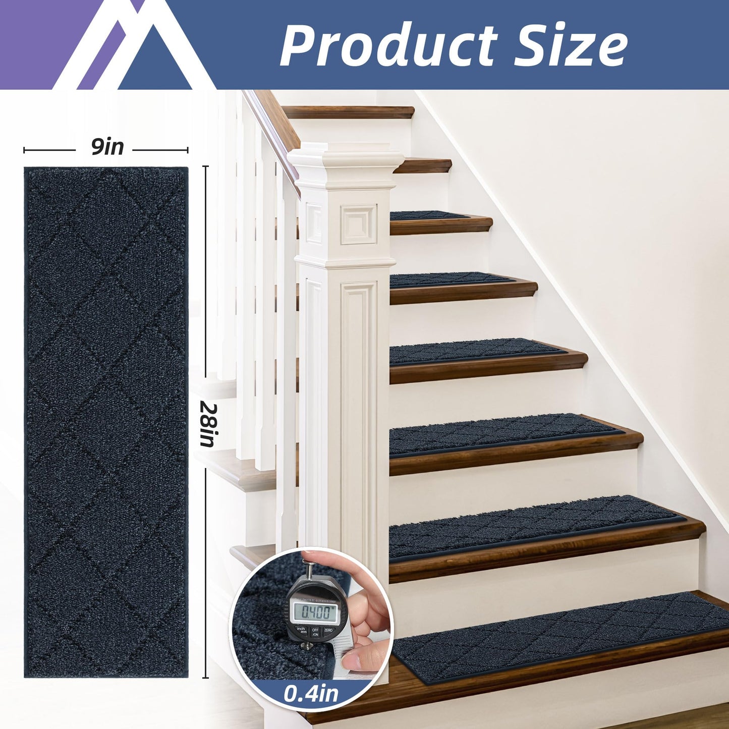 COSY HOMEER Edging Stair Treads Non-Slip Carpet Mat 28inX9in Indoor Stair Runners for Wooden Steps, Edging Stair Rugs for Kids and Dogs, 100% Polyester TPE Backing (15pc, Navy)