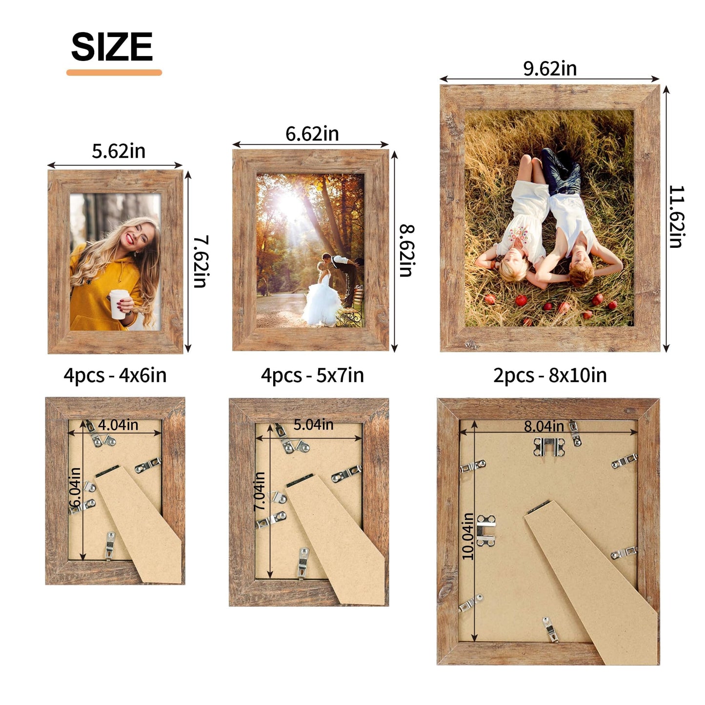 iRahmen Collage Picture Frames Set of 10, Wall Decor for Mounting or Tabletop Display, Family Photo Gallery Frame Set - Multi Sizes Including Two 8x10, Four 5x7, Four 4x6, HD Glass, Rustic Wood