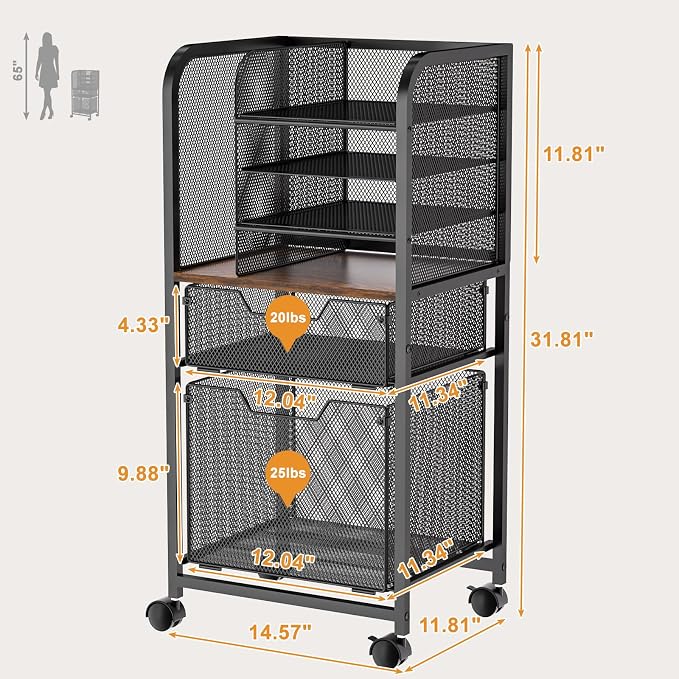 Feyejade 6-Tier Rolling File Cart with 2 Drawers, File Cabinet Organizer for Hanging File Folders, Letter-Size File Storage with Wheels, Multi-Layer Mobile Filing Cabinet for Office and Home