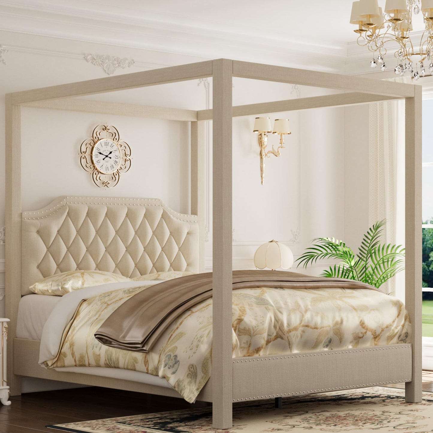 GAOMON Queen Canopy Bed Frame with Upholstered Headboard, Four Poster Design, Button Tufted, and Slide Rail, No Box Spring Required, Wooden Slatted Structure, Beige