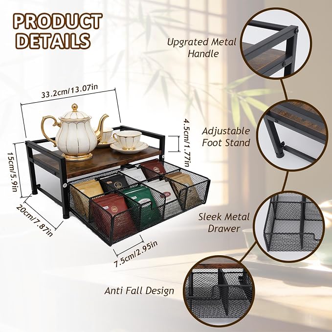 Tea Bag Organizer, Tea Bag Organizers and Storage with Drawer, Tea Bag Holder Natural Wood & Metal with 8 Compartments, Tea Storage Chest Container Box for Countertop Kitchen with 4 Hooks