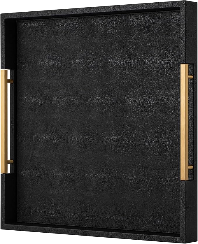 Black Faux Leather Decorative Serving Tray with Handles – Large Square for Coffee Table, Ottoman, Living Room & Bathroom Home Decor