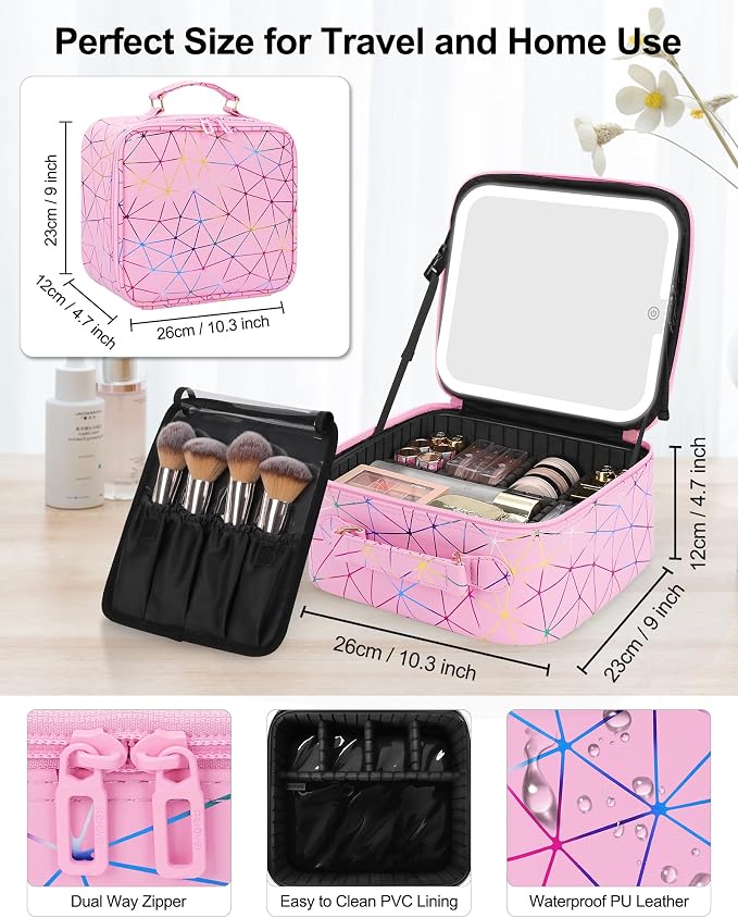 Relavel Travel Makeup Bag with LED Mirror, Portable Cosmetic Train Case with 3 Color Lighted Brightness Mirror, Makeup Artist Organizer Storage with Adjustable Dividers Make Up Box - Pink Geometric