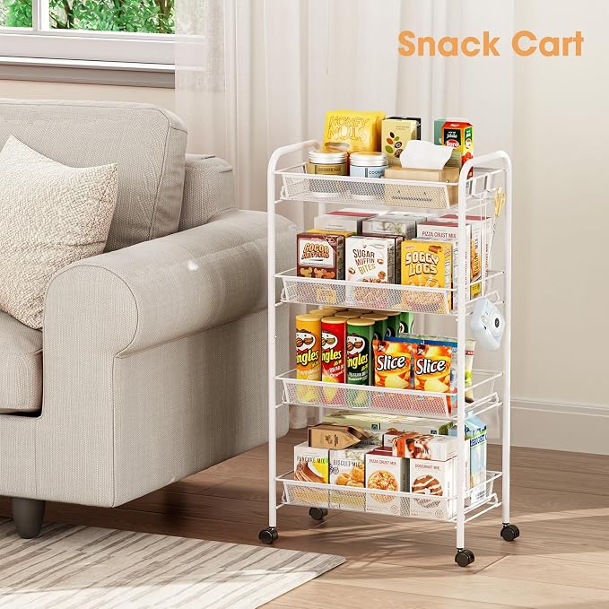 TOOLF 4-Tier Rolling Cart, Metal Utility Cart with 3 Hooks, Easy Assemble Mobile Storage Trolley On Wheels, Metal Shelving Units Kitchen Bathroom Laundry Room