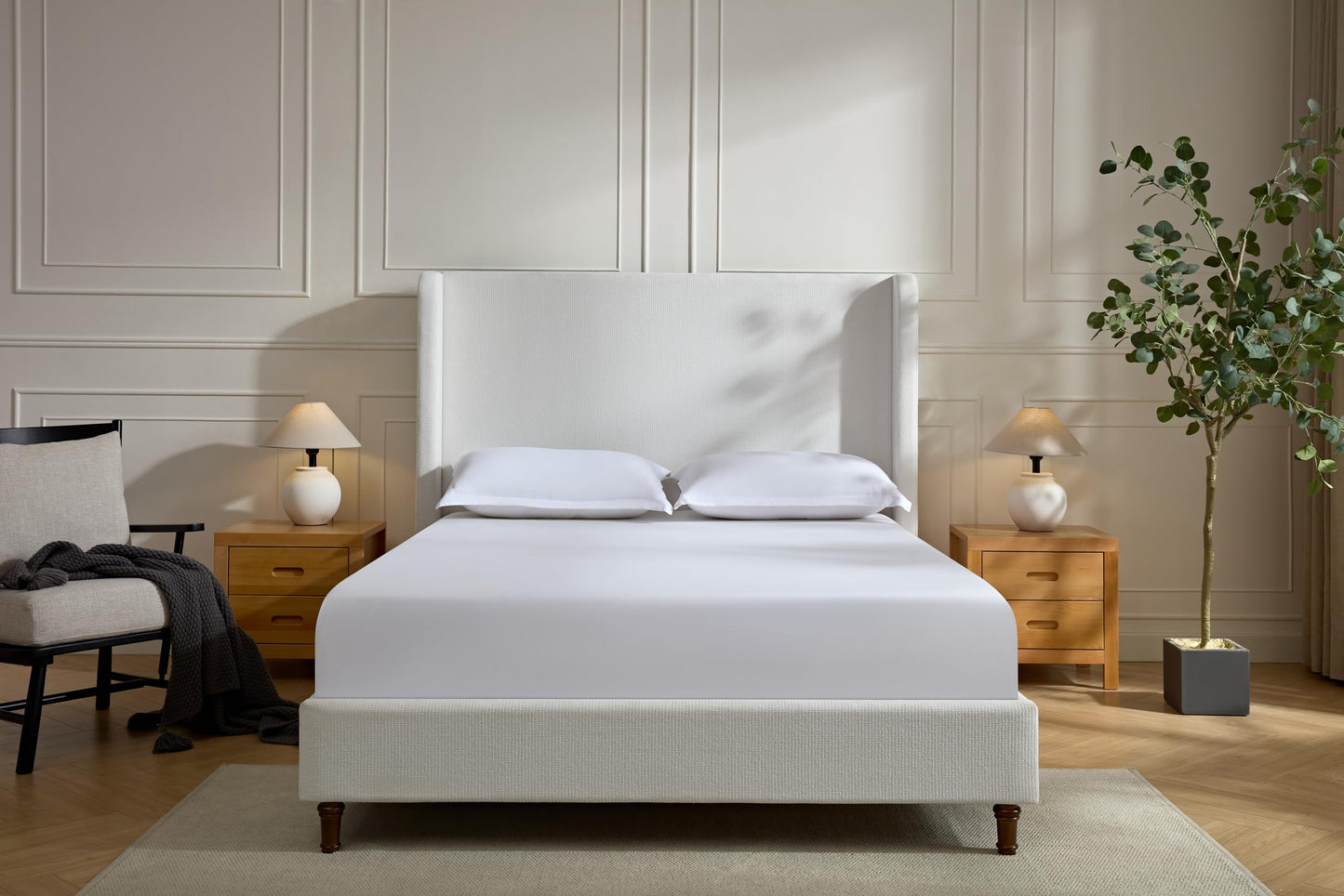 GDFStudio Tall Headboard Upholstered Bed,Queen Size Platform Bed Frame with Headboard Wingback,54" High No Box Spring Needed Easy Assembly Elegant Simplicity Cream White Chenille