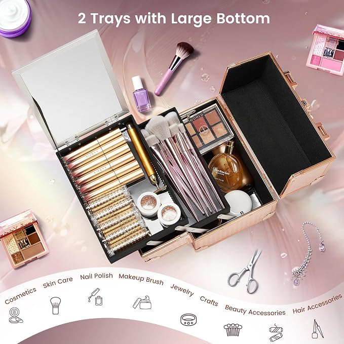Joligrace Beauty Makeup Train Case for Lady Portable Cosmetic Box Jewelry Organizer Lockable with Keys and Mirror 2-Tier Trays Carrying with Handle Makeup Storage Box - Rose Gold