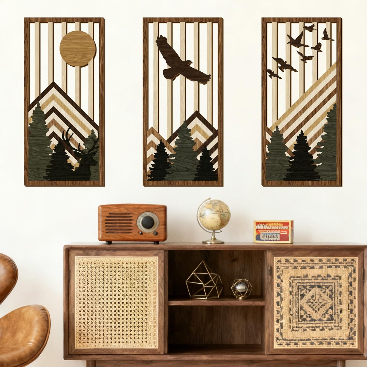 3 Pcs Wooden Boho Mountain Wall Art Mid Century Modern Wall Decor Nature Geometric Line Artwork for Living Room Rustic Home Indoor Decoration MCM Landscape Hanging Plaque for Bedroom Office Accents