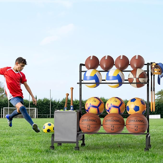 Ball Storage Rack, Adjustable Basketball Holder Display Stand with Ball Basket Bin Hooks, Outdoor Ball Cart with Wheels for Soccer Football Tennis Baseball, Sport Equipment Organizer for Garage Gym