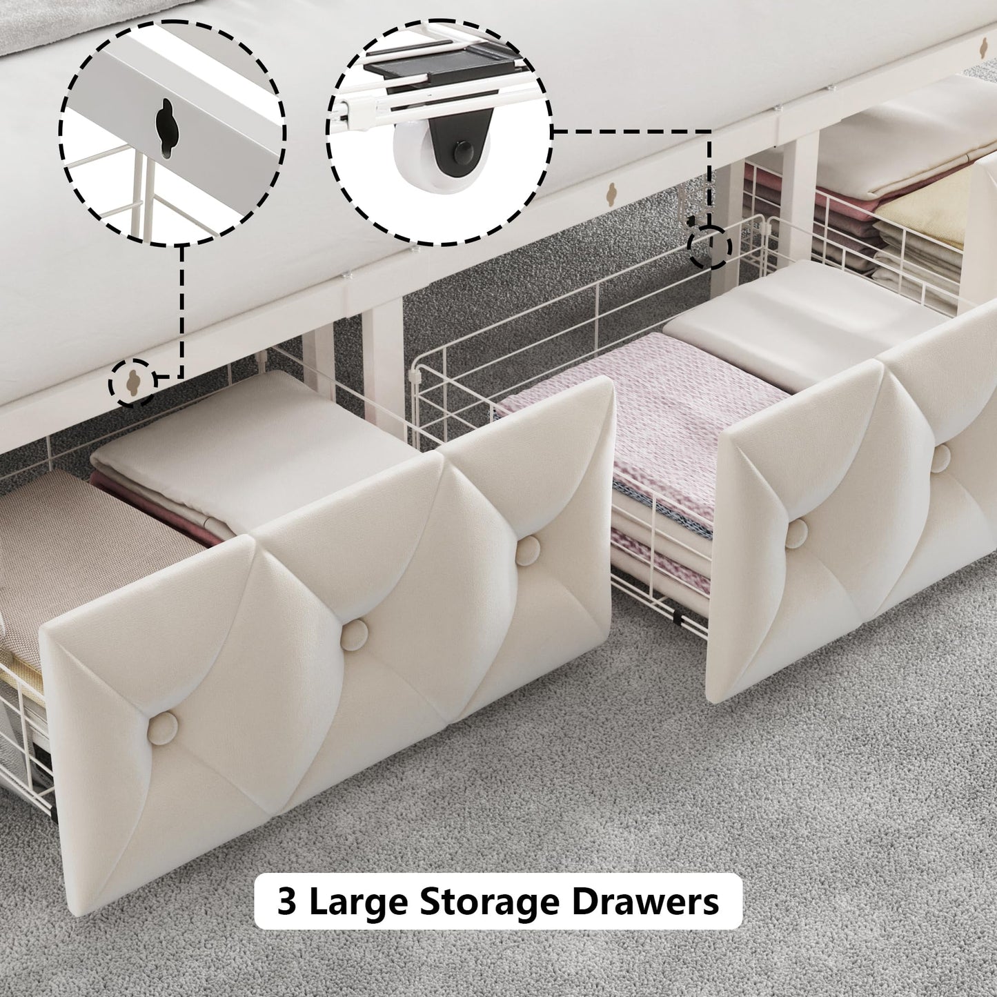 Keyluv King Upholstered Canopy Bed Frame with 3 Drawers and Button Tufted Headboard, Metal Platform Bed with 4 Removable Posts, Two-Purpose Velvet Bed No Box Spring Needed, Beige/Curtains Not Included