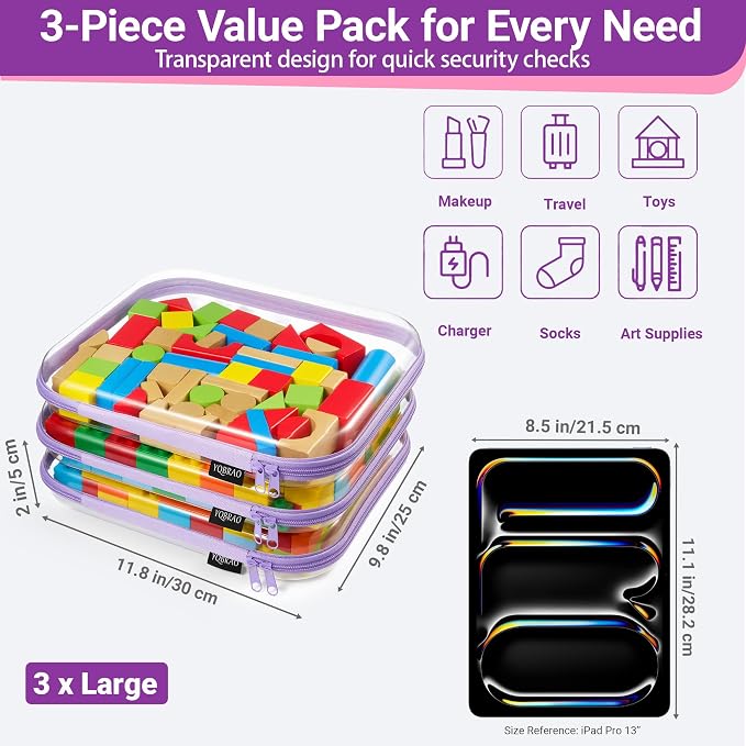 YQBRAO 3-Pack Large Clear Hard Shell Zipper Case, 1.2mm Ultra-Thick Rigid Toy & Closet Organizer, Heavy-Duty Diaper Bag Pouch Set with YKK Zippers, Waterproof Travel Storage (Purple)