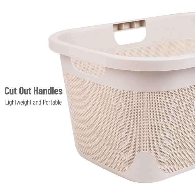 Mind Reader 40L Laundry Basket, Linen Design Clothes Hamper, Plastic Storage Bin with Handles, Ivory