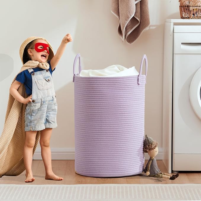 80L Extra Large Purple Hamper Laundry Basket for Nursery Kids 16Dx22H inches Tall Lavender Blanket Basket for Girls Cotton Rope Lilac Clothes Hamper in Bedroom