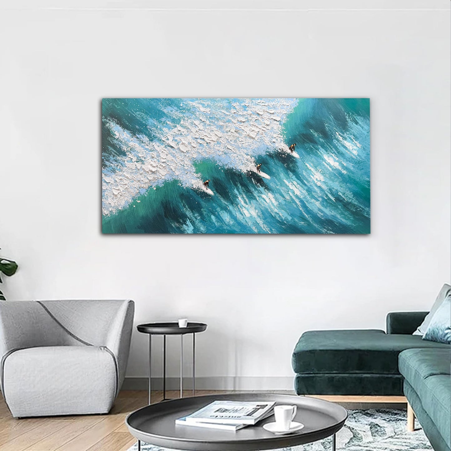 Large Beach Wall Art for Living Room 20"x40" Blue and White Hand Painted Surfing Ocean Wave Coastal Canvas Painting Seascape Artwork with Surfers Textured Art for Bedroom Office Ready to Hang
