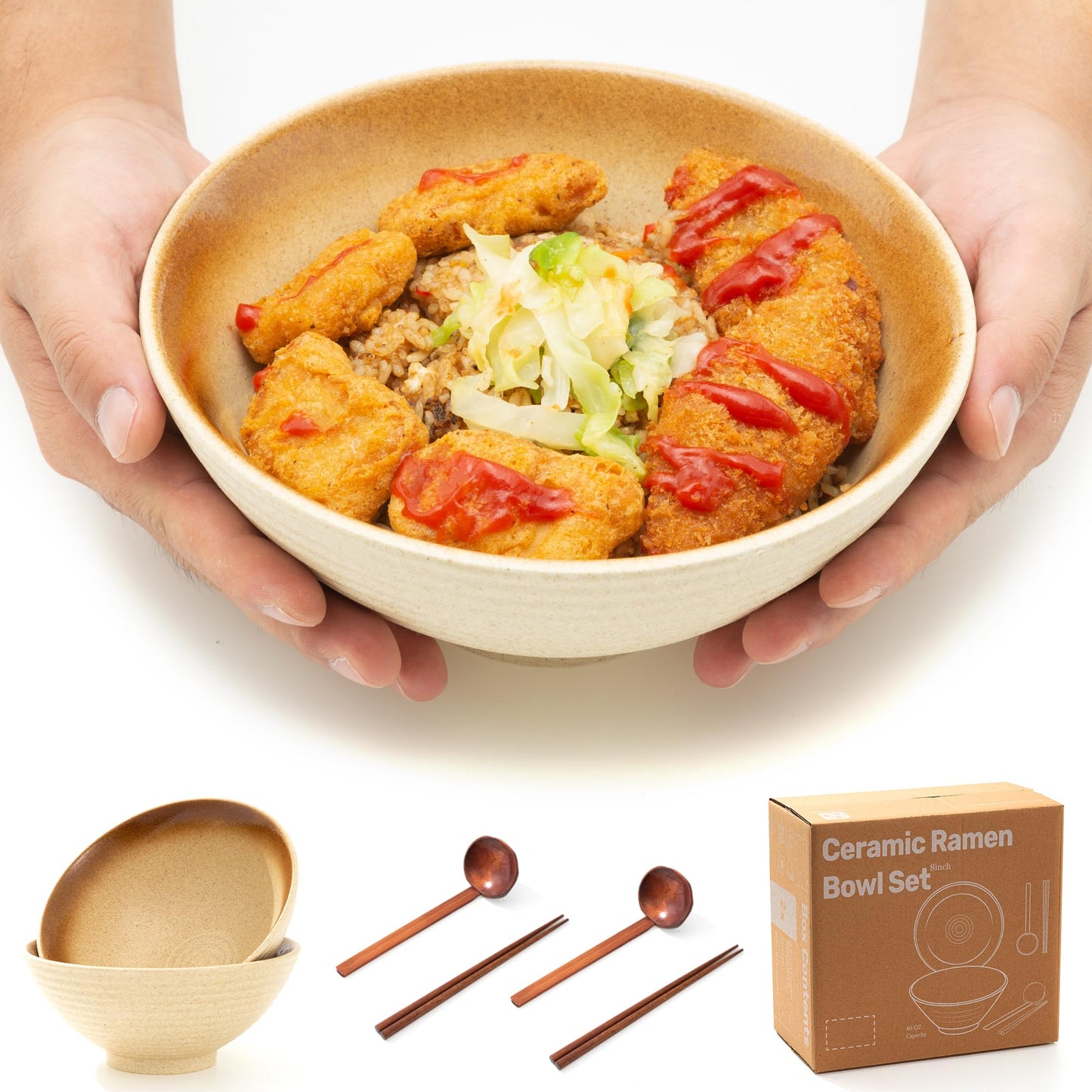 ArtifexCeram 8 Inch Ceramic Ramen Bowl Set of 2, 40oz Japanese Bowls with Spoons & Chopsticks,Durable,Microwave & Dishwasher Safe,Perfect for Ramen,Pho,Salad,Soup,Noodles，Mixing bowls（Amber）