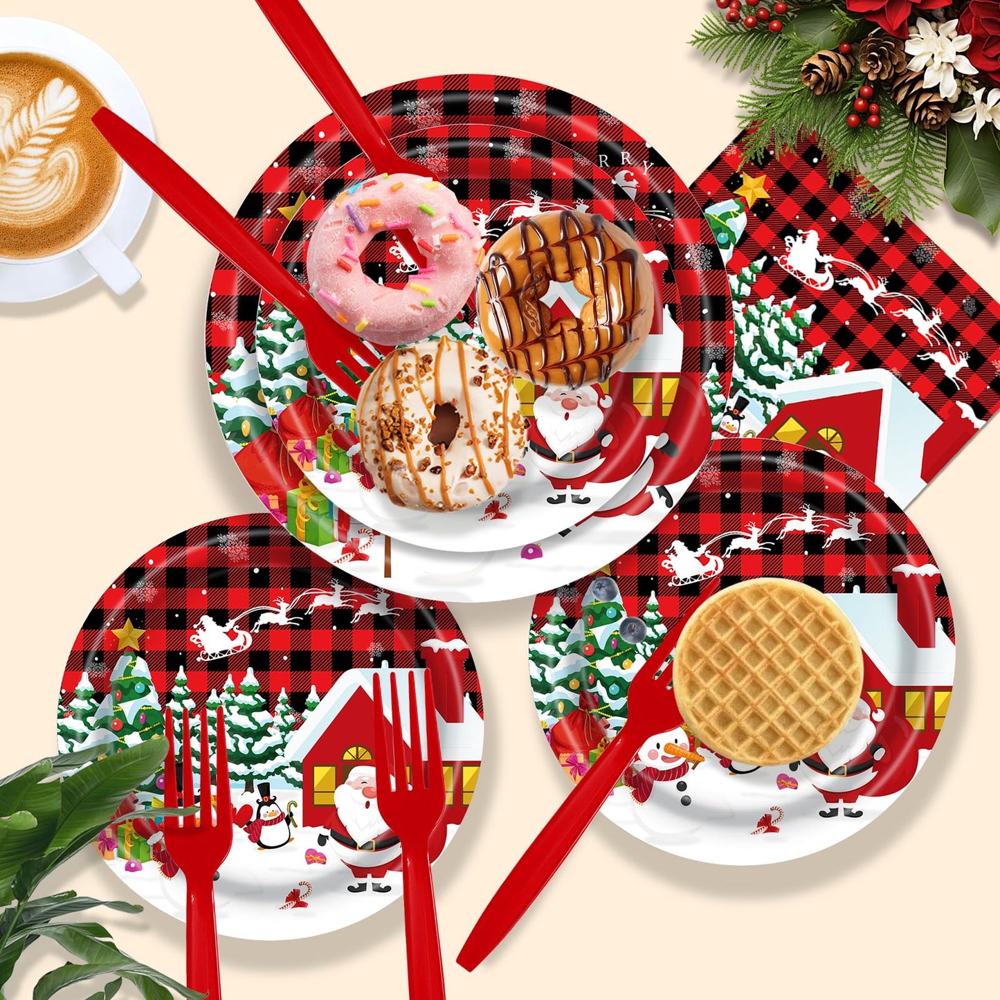 AWLZJZQA 122 PCS Christmas Party Supplies Serve 24 Guests Merry Christmas Plates and Napkins Party Decorations Disposable Dinnerware Decor Snowman Santa Claus Red Grid