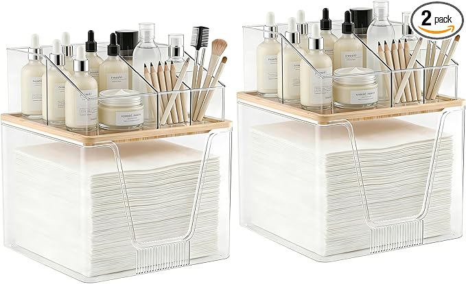 2 in 1 Disposable Facial Towel Holder and Cosmetic Organizer, Clear Storage with Bamboo Lid Compatible with Clean Skin Club Towel XL, Stackable Vanity Organizer for Bathroom Vanity Counter (2 Pack)