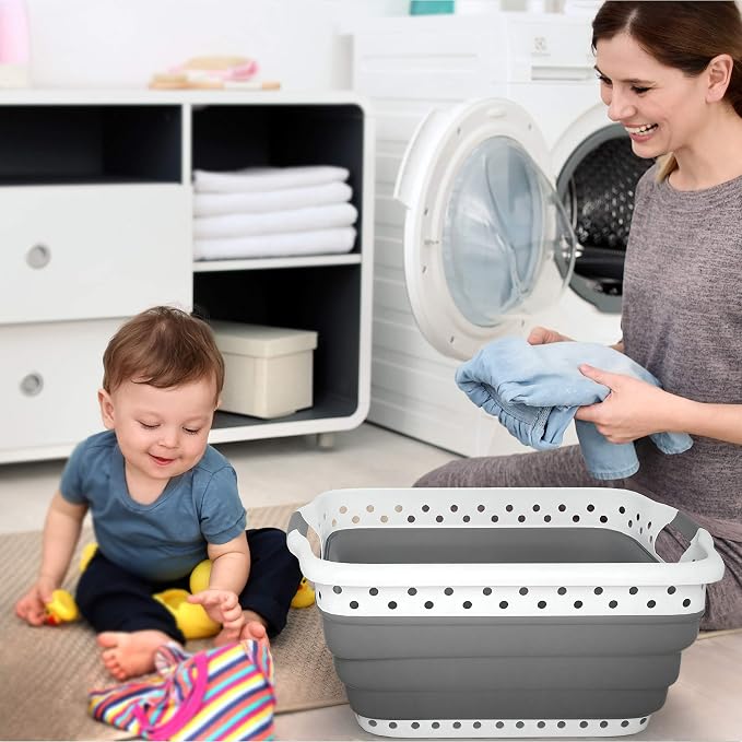 Lavish Home Collapsible Plastic Laundry Basket - Space-Saving Portable Clothes Hamper with Comfort Grip Handles for Laundry Room Organization and Storage (Gray)