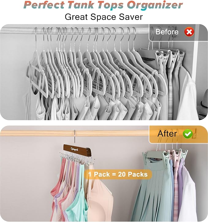 Gomyrod Bra Hanger for Closet, 2 Pack Tank Top Hangers w/20 Hooks Holds 40 Bras, Capacity Foldable Wood Space Saving Hanger, 360°Rotating Closet Organizers and Storage for Dorm & Apartment（Brown）