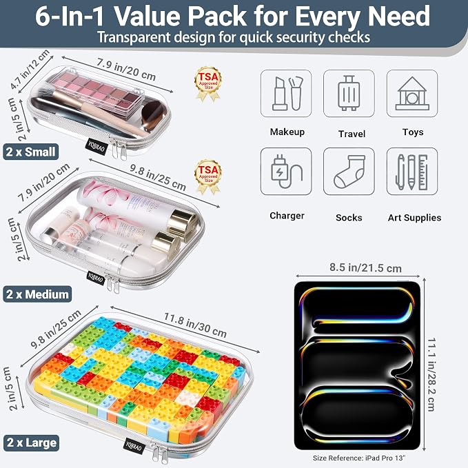YQBRAO 6 Pack Sleek Gray Clear Hard Shell Zipper Case, 1.2mm Heavy Duty Tech & Cord Organizer Pouches, Crush-Proof Electronic Storage for Travel, Tools & Diaper Bag (2L+2M+2S)