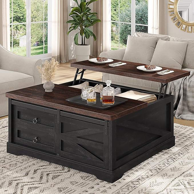 Itaar 39.4'' Lift Top Coffee Table with Storage, Farmhouse Coffee Tables for Living Room, Square Coffee Table with Large Hidden Compartment & 2 Drawers & Adjustable Shelves, Black+Walnut