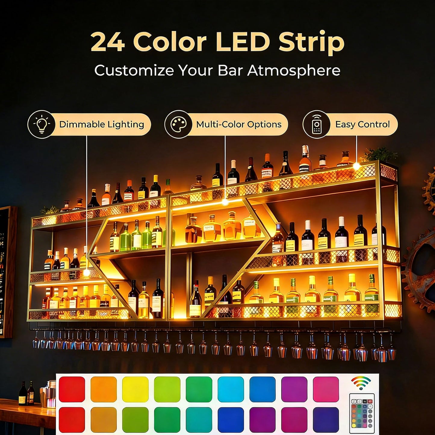 Wall Mounted Wine Rack, 71 Inch, 3-Tier Metal Bottle Shelf with Wine Glass Holder and LED Lights, Industrial Style for Home Bar, Restaurant (Gold, 71in)