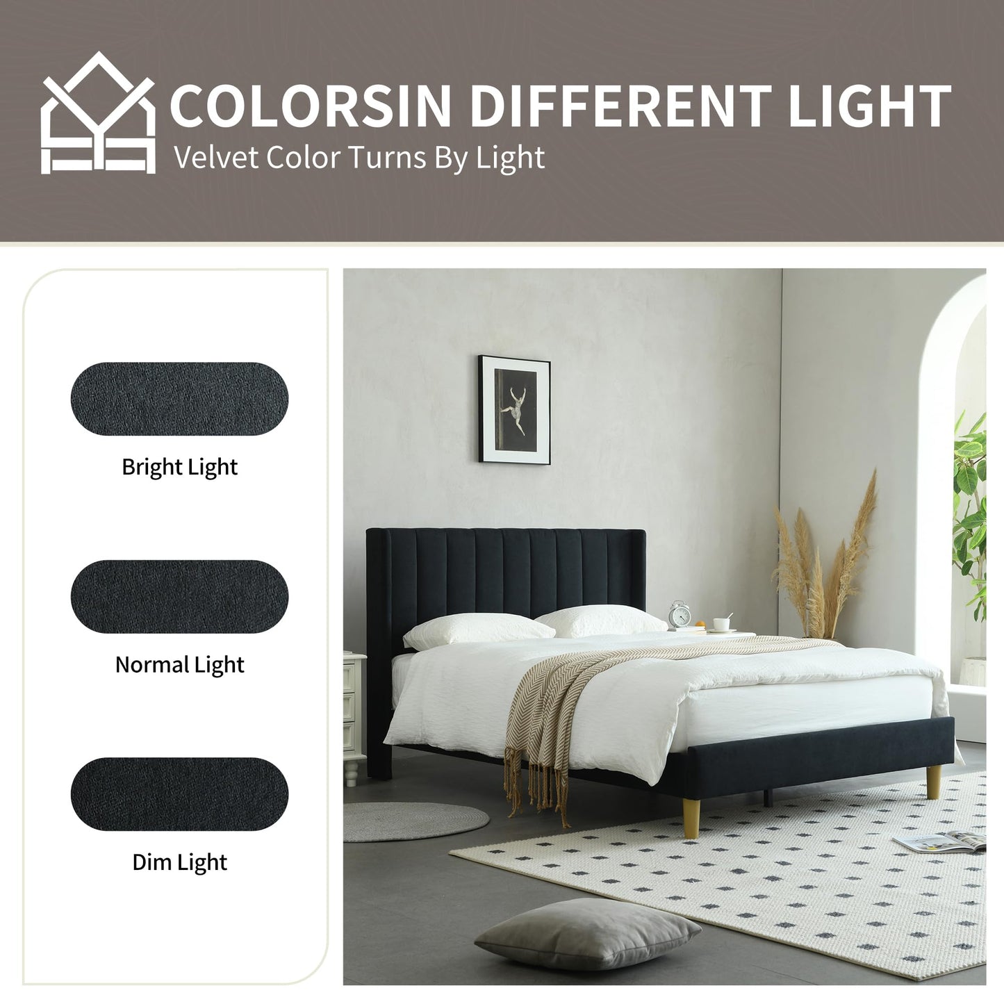 YUHUASHI upholstered Platform Bed Frame/Full Bed Frame/Modern Geometric Double-Wing Design headboard/Linen Fabric/Easy to Assemble no Noise (Black, Full)