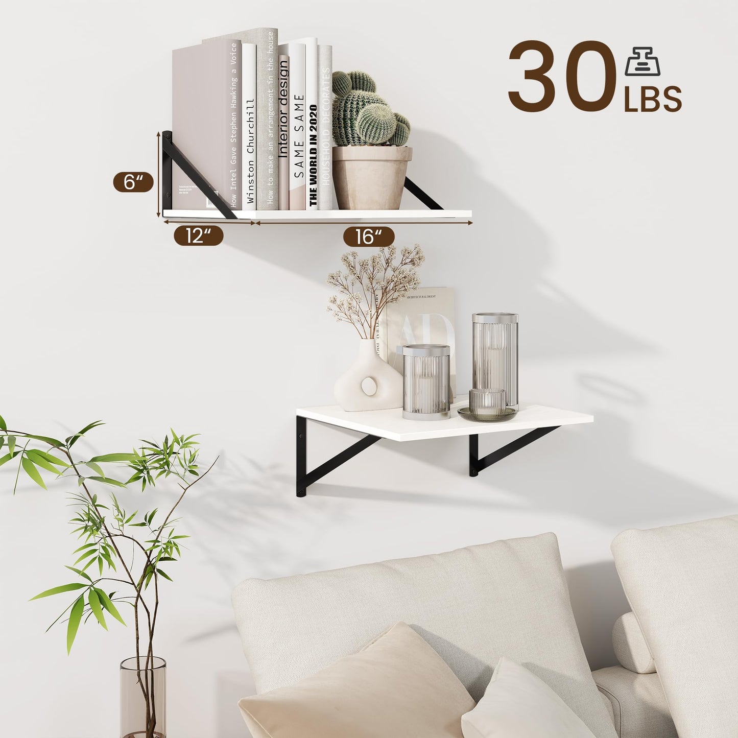 Fun Memories Floating Shelves for Wall, 12 Inch Deep Floating Shelves Set of 2, 16W x 12D Large Wall Shelf with Sturdy Metal Brackets for Living Room, Bathroom, Bedroom and Kitchen, White