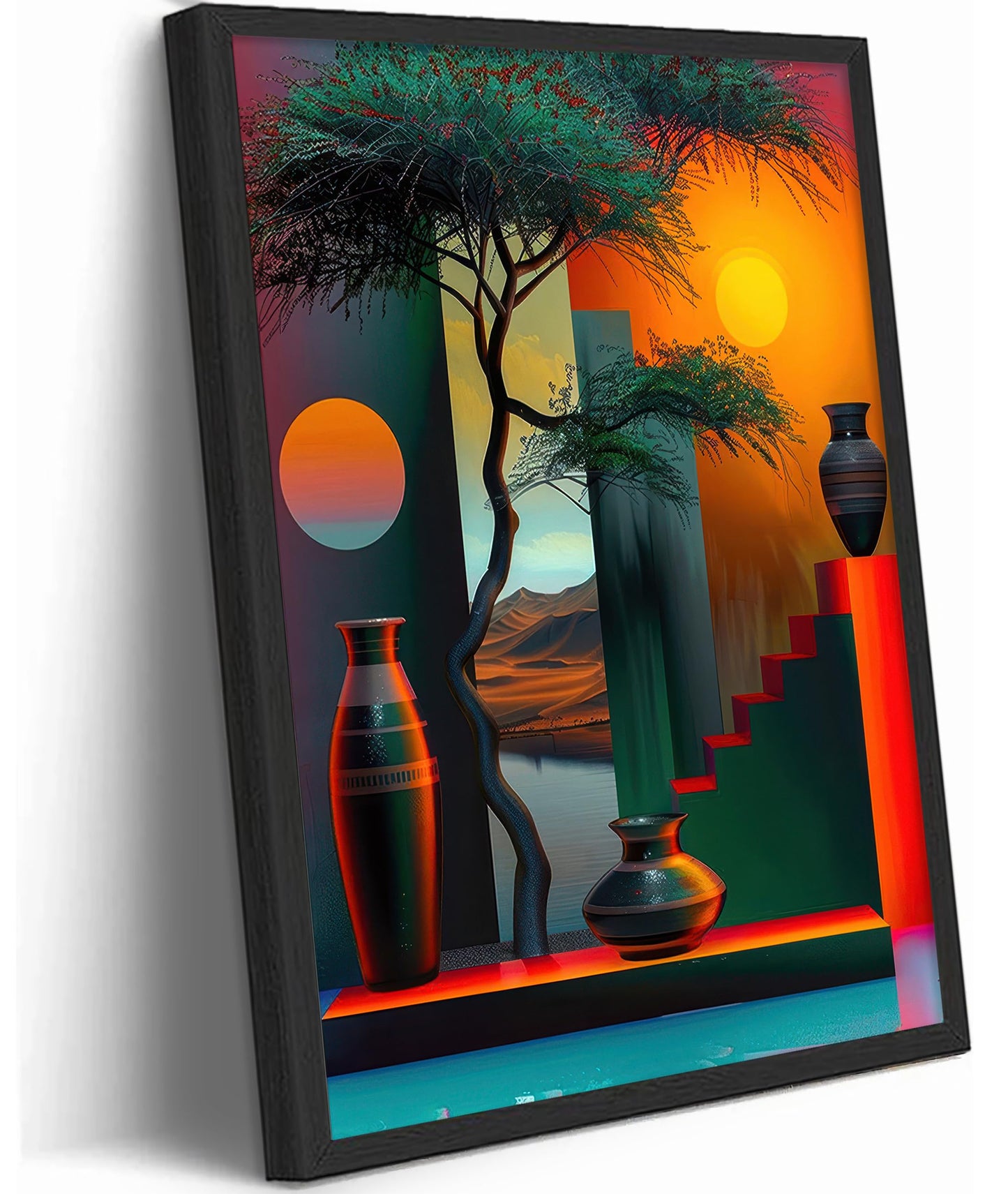 Black Framed African American Canvas Wall Art, Africa Modern Painting Picture Wall Decor, Afrocentric Tree And Vase Poster Print Artwork for Living Room Bedroom Office Home Decoration