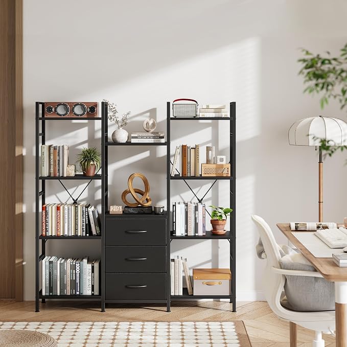 AFLUI Triple Bookshelf with 3 Fabric Drawers, 4-Tier Book Shelf and 10 Display Shelves, Industrial Large Bookcase for Home & Office, Black, 47'' Wide