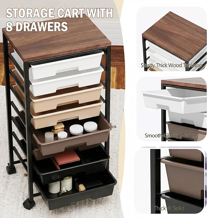 Rolling Cart with 8 Drawers, Storage Drawers Cart with Wooden Tabletop and Lockable Wheels, Craft Storage for Living Room, Office, Classroom, Craft Room, Bedroom (Brown)