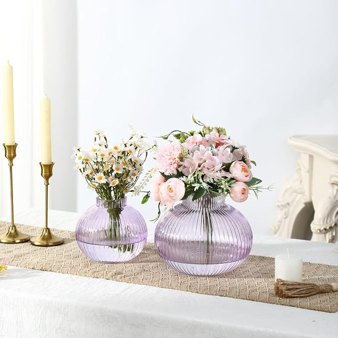 Purple Glass Vases for Tulips, Set of 2, Flower Vases for Bouquet, Ribbed Glass Vase for Flowers, Short Vase for Living Room, Office, Coffee Table, Shelf, Wedding