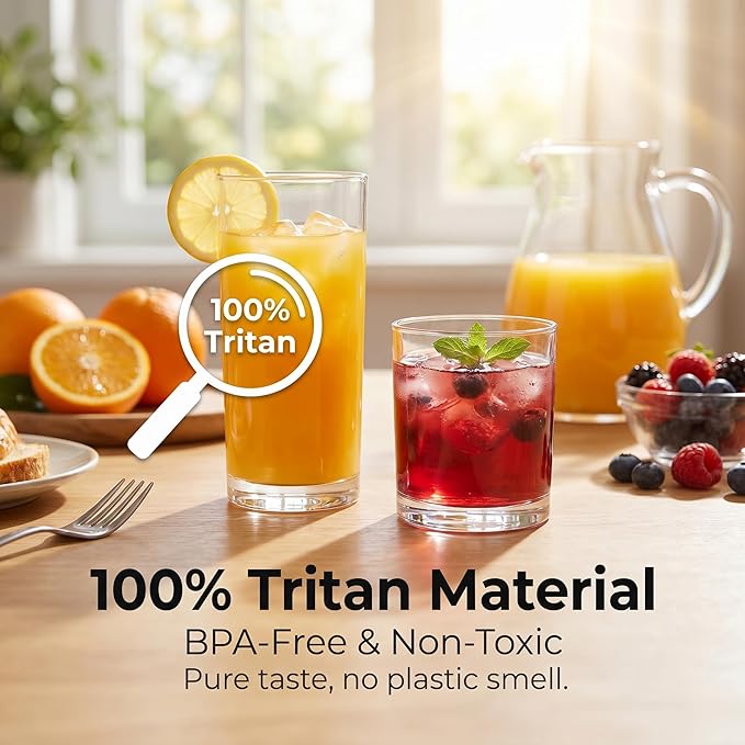 Plastic Drinking Glasses Set of 8, 14oz Rocks & 20oz Water Cups, Unbreakable Plastic Glasses Drinkware, Clear Kitchen Tumblers for Home & Outdoors, Reusable , BPA-Free, Top-Rack Dishwasher Safe