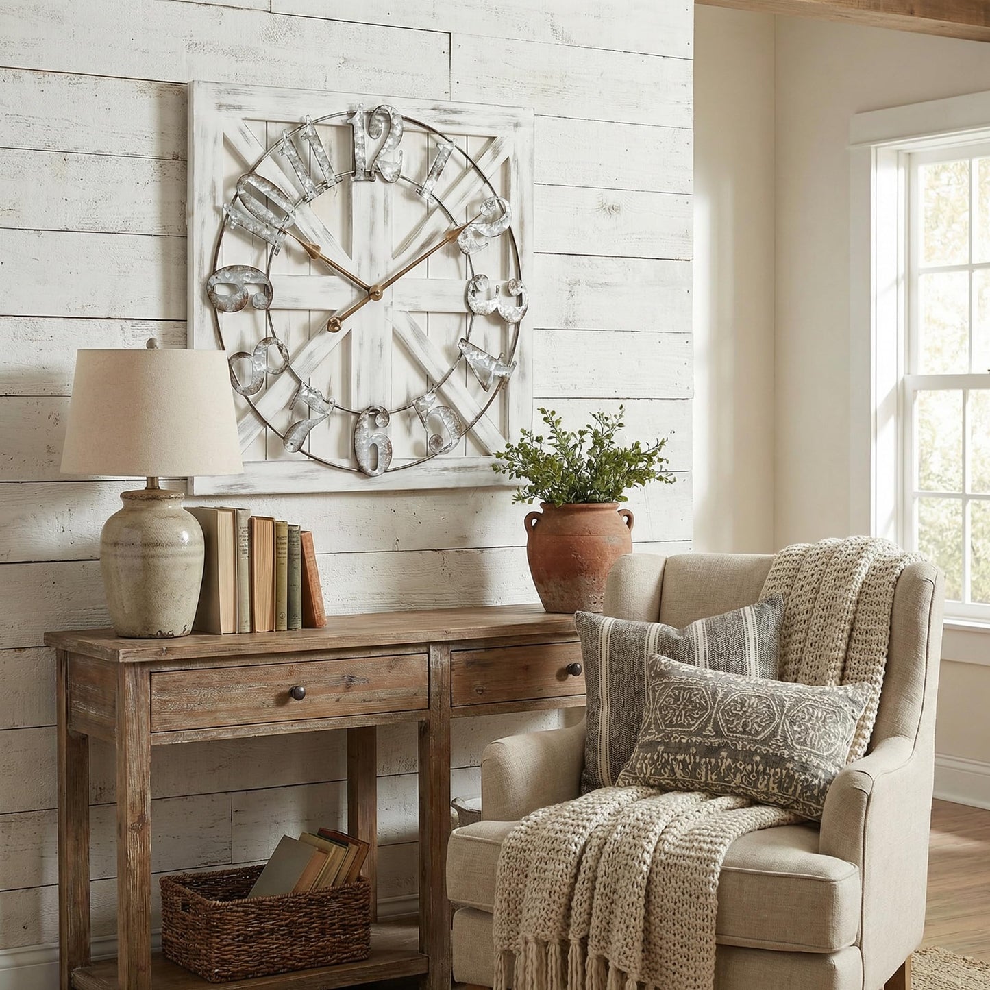 EMAX HOME Large Farmhouse Wall Clock – 24 Inch White Square Rustic Wooden Clock with Decorative Reversible Wooden Sign, Perfect for Any Space and Ideal Gift