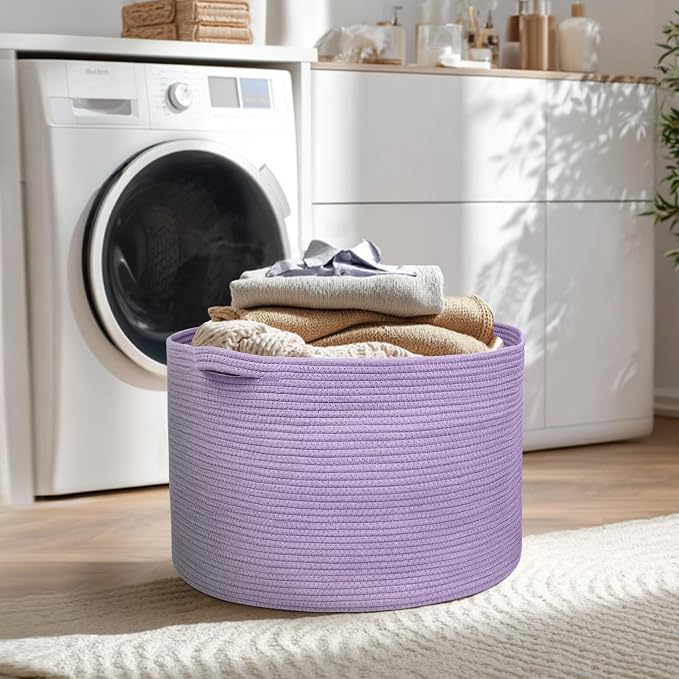 MEGASKET 115L Extra Large Purple Storage Basket, 23.6" X 15.7" Jumbo Woven Cotton Rope Bin for Throw Blankets Pillows, Baby Laundry Basket, Dirty Clothes Organizer, Big Storage Box for Toys, Towels