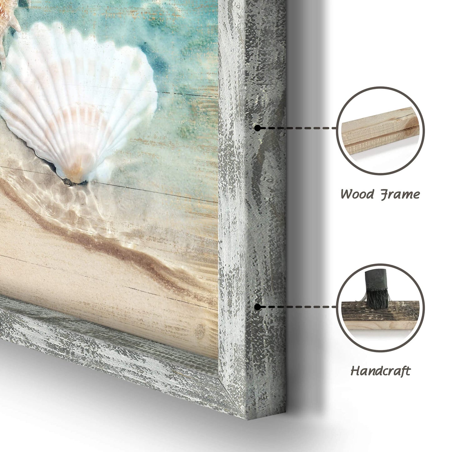 Ocean Pictures Framed Wall Art: Beach Artwork Set of 4 Seashell & Starfish Pictures Prints on Wood Seascape Wall Decor for Living Room