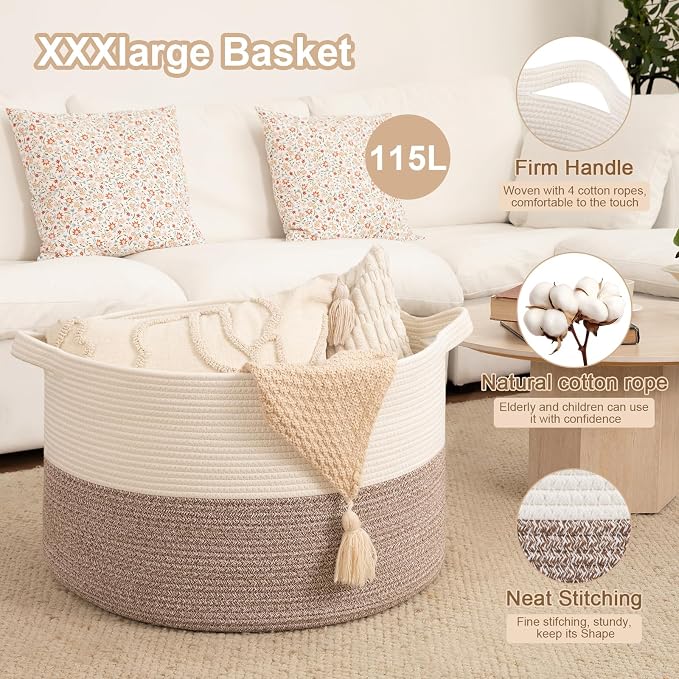 OIAHOMY 115L Extra Large Blanket Basket for Living Room, 23.6" x 15.4" Woven Cotton Rope Laundry Basket for Organizing Pillows, Decorative Stuffed Animal Toy Storage for Nursery, White and Linen Brown