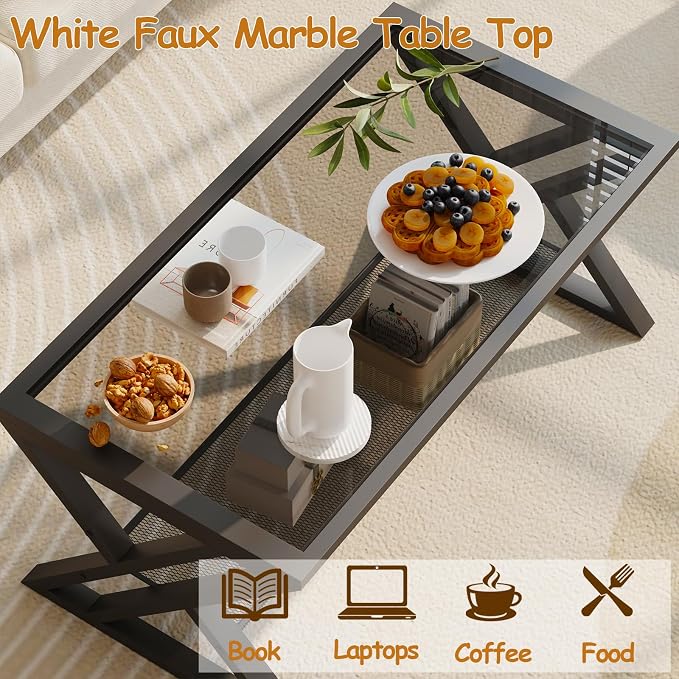 Wolawu Glass Coffee Table Living Room Table with Storage Shelf, Grey Glass Table Simple Modern Rectangular Tables with Sturdy Black Metal Frame,Industrial Glass Coffee Table for Bedroom Home Office