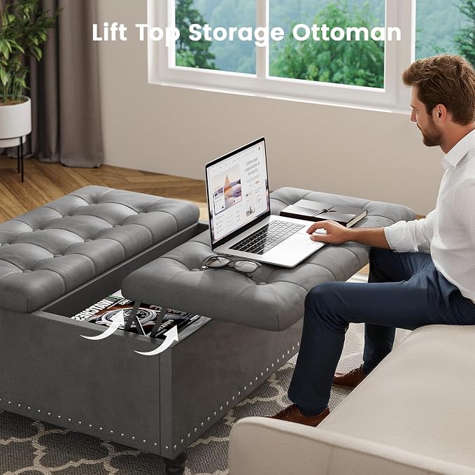 FUXA 35 Inch Large Square Ottoman with Storage, Oversized Ottoman Coffee Table with Lift Top and Wood Legs, Tufted Upholstered Storage Ottoman Bench for Living Room (Gray)