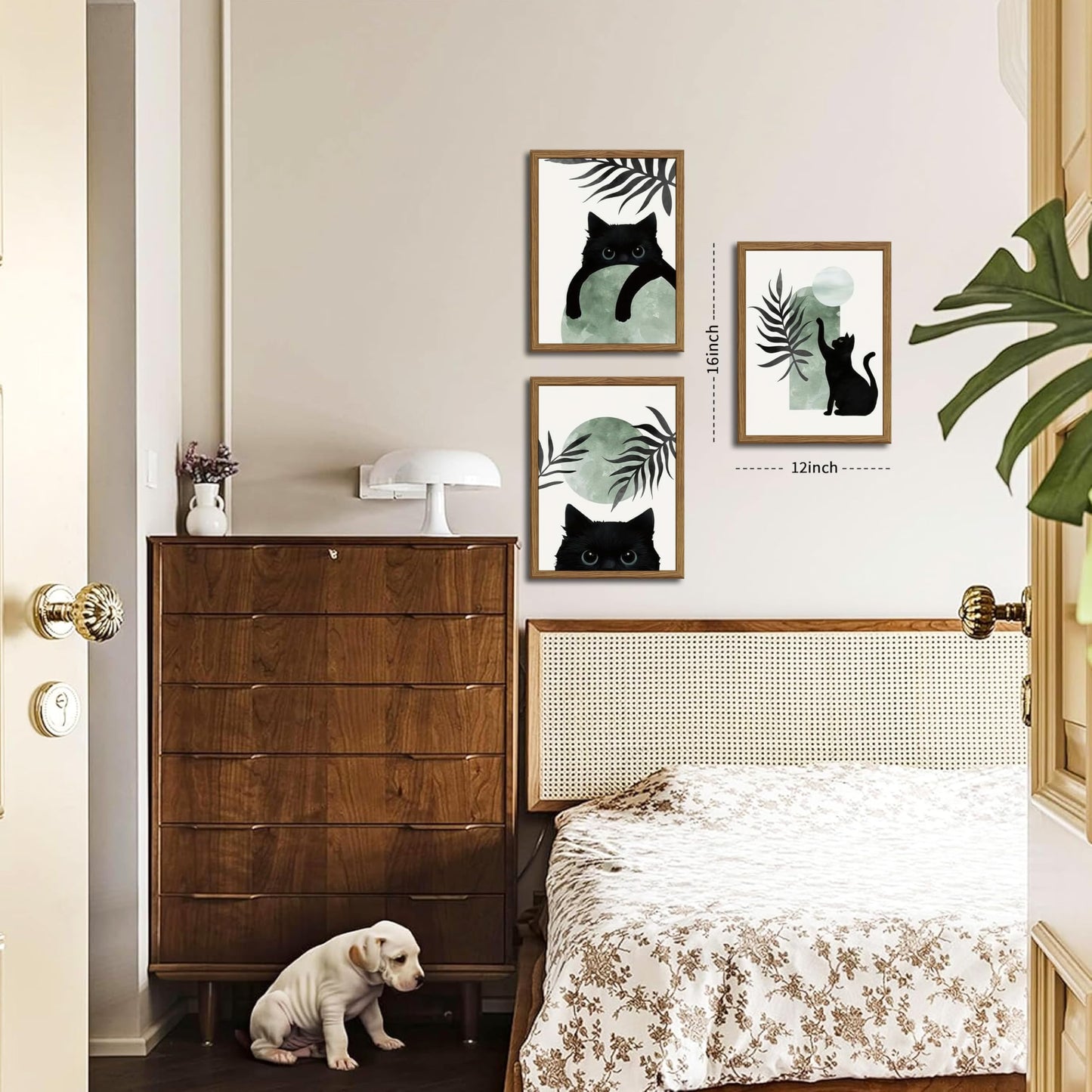 Framed Sage Green Cat Wall Art Set of 3, Natural OAK Wood Frame Boho Cute Black Cat Wall Decor Paintings, Minimalist Animal Aesthetic Canvas Posters Prints for Living Room Bedroom Bathroom 12x16In